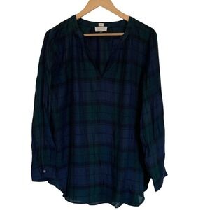 Loft Womens‎ Plaid V-Neck Popover Blouse Size Large Green Blue Preppy Office